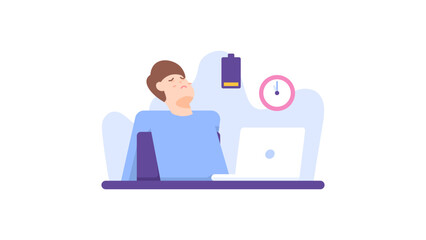 unmotivated, tired, weak and lethargic. energy runs out. burnout. work overtime or work more than working hours. a male worker or employee is in a state of exhaustion. character illustration design 