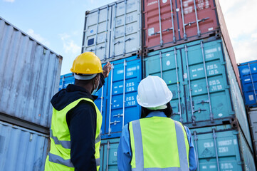 Logistics, shipping and manager planning container export with employee in an export delivery...