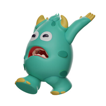 3D illustration. 3D Cute Monster Cartoon Character looks angry. both hands raised up. walking pose. 3D Cartoon Character