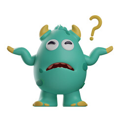 3D illustration. Cute Monster 3D Cartoon has a question. showing a confused expression. arms wide open. 3D Cartoon Character