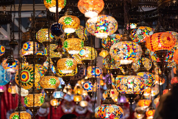 Turkey. Market With Many Traditional Colorful Handmade Turkish Lamps And Lanterns. Lanterns Hanging In Shop For Sale. Popular Souvenirs From Turkey.