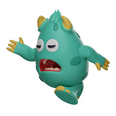  3D illustration. 3D Cute Monster character illustration feeling tired. walk fast. made a strange face. 3D Cartoon Character