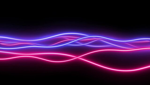 Neon pulse wave lines on a black background. Bright glowing contours in smooth motion. Energy, sound, technology, science visual concept.