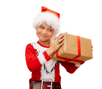 happy smiling caucasian boy in santa tee shirt and hat holding a pox with christmas present. High quality photo - Powered by Adobe