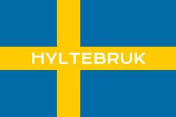 Hyltebruk: Name der schwedischen Stadt Hyltebruk in der Provinz Halland auf der Flagge des Königreichs Schweden - obrazy, fototapety, plakaty