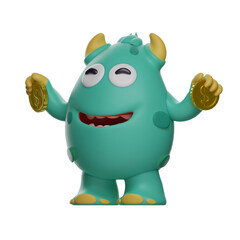 3D illustration. 3D Cute Monster Cartoon Characters have gold coins. both hands wide open. showing a happy smile. 3D Cartoon Character