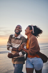 Happy couple, love and travel at the beach holding hands on date, quality time and romance at...