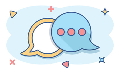Speak chat sign icon in comic style. Speech bubbles vector cartoon illustration on white isolated background. Team discussion button business concept splash effect.