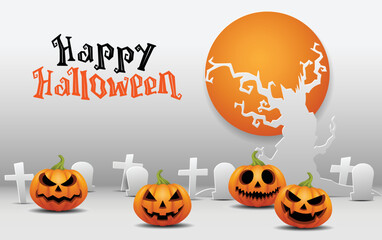 Happy Halloween. Group of 3D illustration pumpkin on treat or trick fantasy fun party celebration white background design.