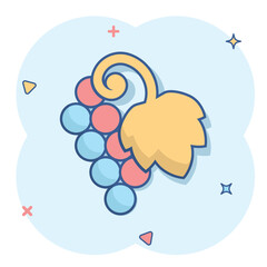 Grape fruits sign icon in comic style. Grapevine vector cartoon illustration on white isolated background. Wine grapes business concept splash effect.