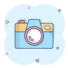 Camera device sign icon in comic style. Photography vector cartoon illustration on white isolated background. Cam equipment business concept splash effect.
