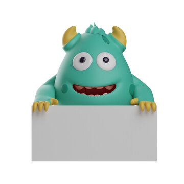  3D illustration. 3D Cartoon Cute Monsters on white paper. standing in a funny pose. with a smiling expression showing teeth. 3D Cartoon Character