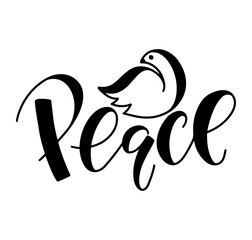 Peace inscription with a doodle of a dove, black lettering isolated on white background. Vector illustration