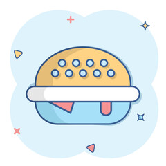Burger sign icon in comic style. Hamburger vector cartoon illustration on white isolated background. Cheeseburger business concept splash effect.