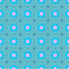 Glowing blue flower seamless pattern on antique background. Geometric flora line fabric seamless patterns. Design for textile, wallpaper, clothing, backdrop. Vector illustration vintage retro style.