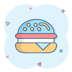 Burger sign icon in comic style. Hamburger vector cartoon illustration on white isolated background. Cheeseburger business concept splash effect.