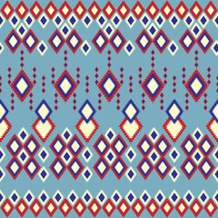 Ikat seamless pattern on antique old blue background. African mayan ethnic line fabric seamless patterns. Design for textile, wallpaper, clothing, backdrop. Vector retro vintage style.