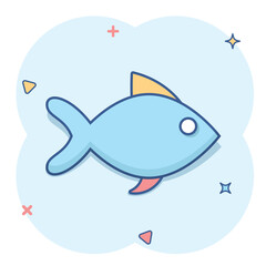 Fish sign icon in comic style. Goldfish vector cartoon illustration on white isolated background. Seafood business concept splash effect.