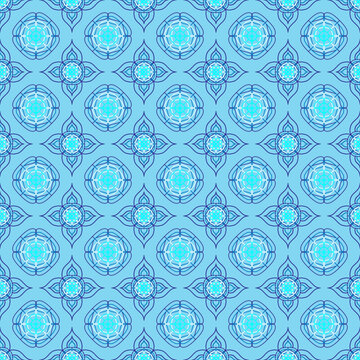 Glowing blue flower seamless pattern on antique background. Geometric flora line fabric seamless patterns. Design for textile, wallpaper, clothing, backdrop. Vector illustration art modern retro style