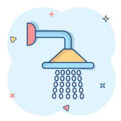Shower sign icon in comic style. Bathroom water device vector cartoon illustration on white isolated background. Wash business concept splash effect.