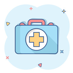 Obraz premium First aid kit icon in comic style. Health, help and medical diagnostics vector cartoon illustration on white isolated background. Doctor bag business concept splash effect.