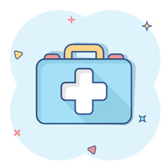 Obraz premium First aid kit icon in comic style. Health, help and medical diagnostics vector cartoon illustration on white isolated background. Doctor bag business concept splash effect.