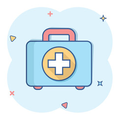 Fototapeta premium First aid kit icon in comic style. Health, help and medical diagnostics vector cartoon illustration on white isolated background. Doctor bag business concept splash effect.