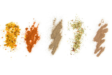Set spices pile, oregano, red paprika powder, turmeric, cinnamon, ginger, isolated on white background,