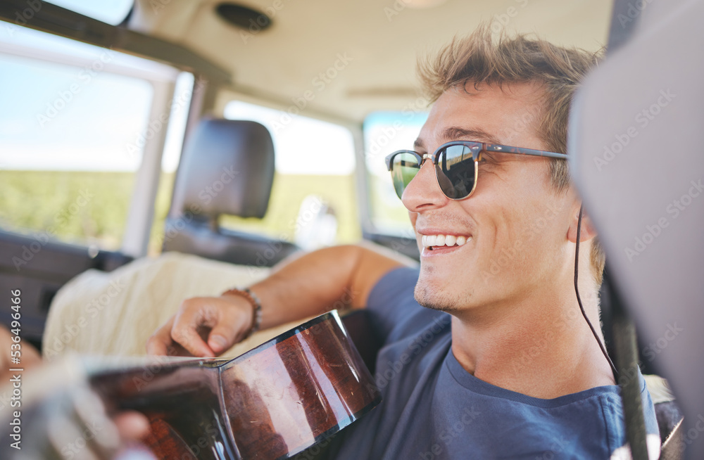 Sticker Music, guitar and young man in car on a roadtrip adventure in nature. Summer, holiday and journey on the road, fun musician on vacation. Travel, freedom and explore nature with musical instrument