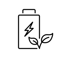 Accumulator with Leaf and Lightning Line Icon. Eco Rechargeable Green Energy Linear Pictogram. Renewable Battery with Plant Outline Symbol. Editable Stroke. Isolated Vector Illustration