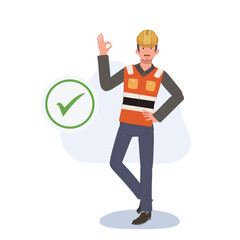 Engineer man doing OK hand sign with big green check mark, approve concept. good. Vector illustration