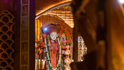 Goddess Durga idol at puja pandal in Kolkata, West Bengal, India.