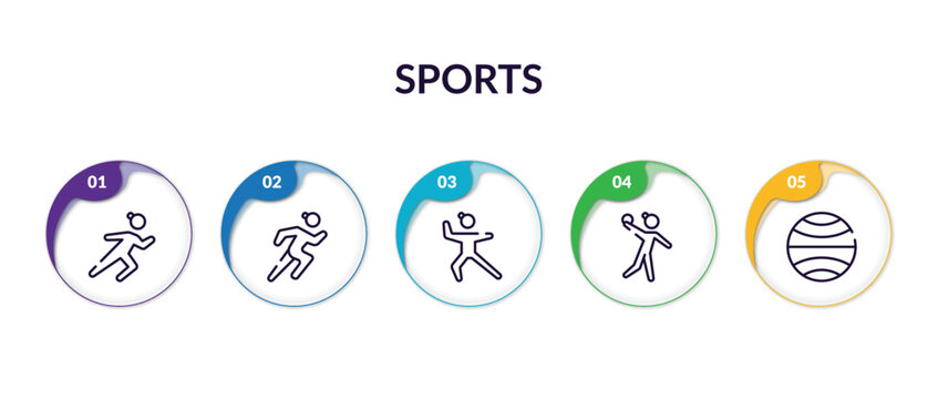 Set Of Sports Outline Icons With Infographic Template. Thin Line Icons Such As Marathon Thin Line, Trail Running Thin Line, Kung Fu Dodgeball Gym Ball Vector.