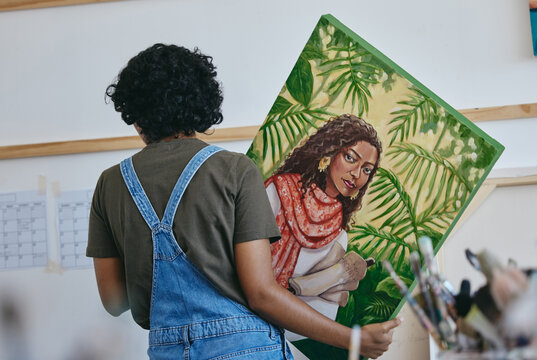 Painting, woman artist and hanging canvas wall for exhibition, expo sale and gallery auction in Paris. Creative student, painter and designer project, creativity and talent in studio academy workshop