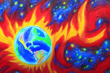 Planet Earth of Solar system explosion in the outer space. Humanity end. Planetary death concept painted by a child with crayons - children drawing - end of the world - death planet
