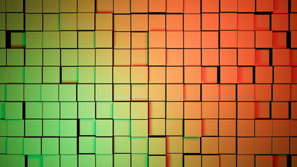 Fototapeta premium Shifted green orange red metallic floor tiles or square cubes abstract 3D background, interior pattern wallpaper, flat lay view from directly above