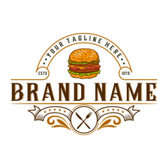 burger vintage logo. hand drawn burger design with cheese, meat, salad isolated on white background. for fast food packaging and restaurant menus.