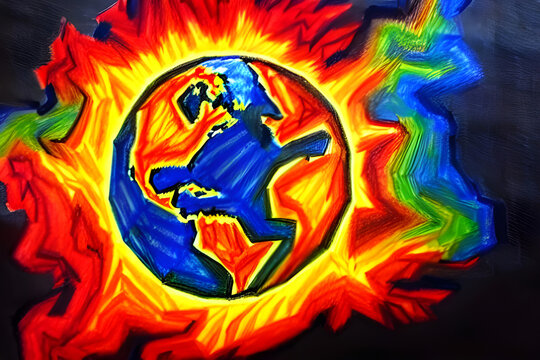 Burning world west hemisphere painted by a child with crayons - children drawing - end of the world - death planet - apocalypse - global warming - war -  nuclear holocaust - annihilation 
