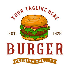 burger vintage logo. hand drawn burger design with cheese, meat, salad isolated on white background. for fast food packaging and restaurant menus.
