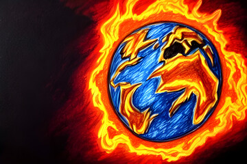Explosion on Earth painted by a child with crayons - children drawing - end of the world - death planet - apocalypse - global warming - war -  nuclear holocaust - annihilation 
