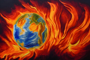 Burning earth globe west hemisphere painted by a child with crayons - children drawing - end of the world - death planet - apocalypse - global warming - war -  nuclear holocaust - annihilation 
