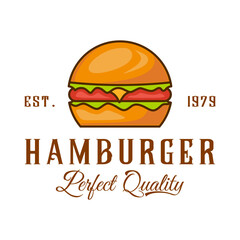 vector burger logo, burger with salad, meat, cheese isolated for your fast food, restaurant, promotional items