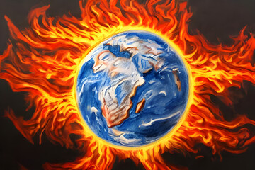Obraz na płótnie Canvas Burning earth globe painted by a child with crayons - children drawing - end of the world - death planet - apocalypse - global warming - war - nuclear holocaust - annihilation 