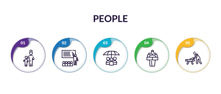 Set Of People Outline Icons With Infographic Template. Thin Line Icons Such As Hand Of An Adult Thin Line, Teacher And Students Thin Line, People Under An Umbrella Man Giving A Speech Carpenter