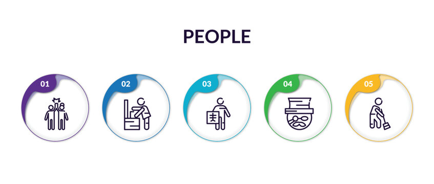 Set Of People Outline Icons With Infographic Template. Thin Line Icons Such As Worker Success Thin Line, Man Shaving Thin Line, Radiologist Working Tall Hat Sweeping Person Vector.