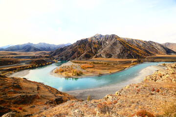 Altai mountain river landscape, panoramic scenery turquoise stream