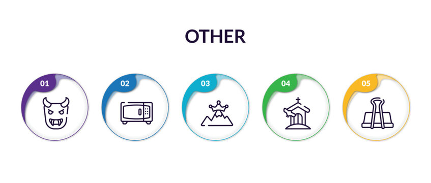 Set Of Other Outline Icons With Infographic Template. Thin Line Icons Such As Japanese Demon Thin Line, Microvawe Thin Line, King Of The Hill Church With Bats Office Clip Vector.