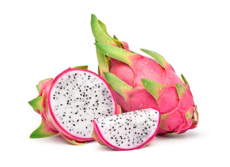 Fresh dragon fruit with sliced and water droplets isolated on white background. Clipping path.