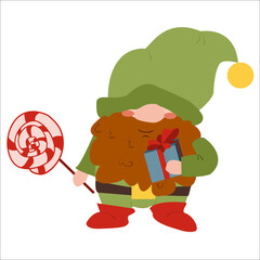 A Christmas gnome with a gift and a lollipop in his hands. A symbol of the new year.