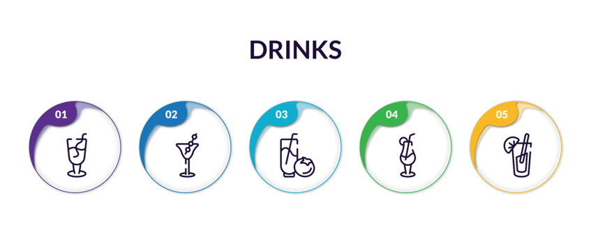 Set Of Drinks Outline Icons With Infographic Template. Thin Line Icons Such As French 75 Thin Line, 007 Martini Thin Line, Tomato Juice Tropical Itch Bloody Mary Vector.